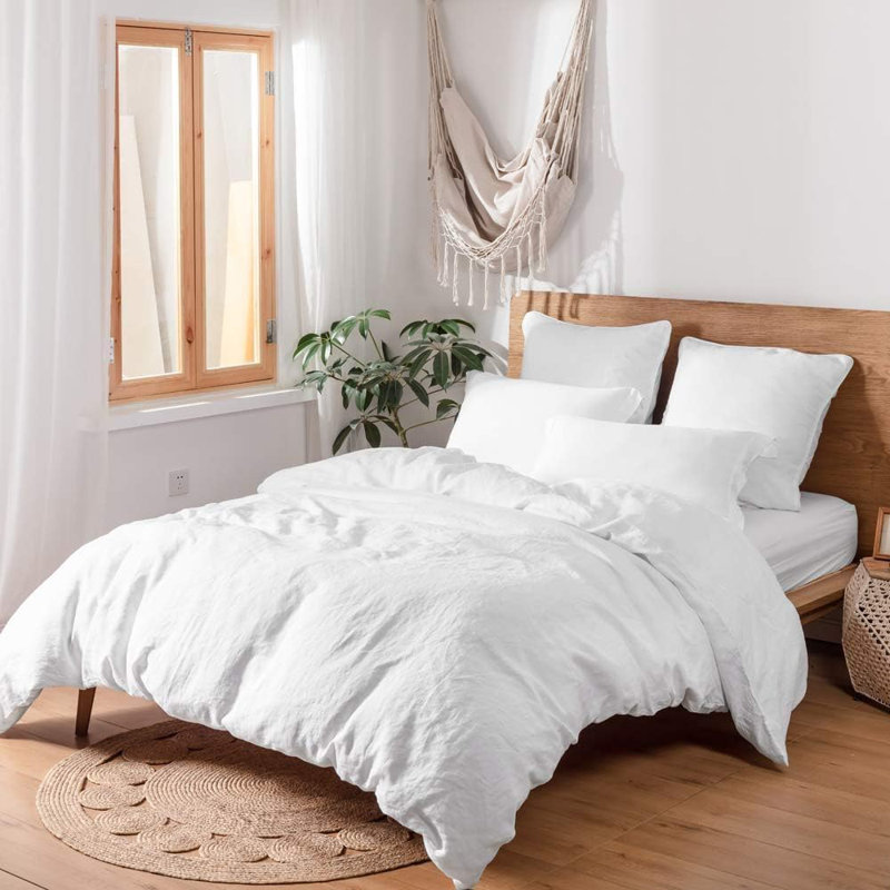 Ensemble de housse de couette 100% lin, Housse de couette grand + 2 taies d'oreiller, Blanc