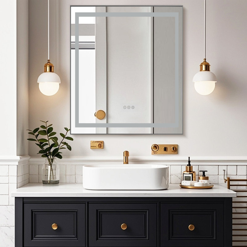 Miroir de salle de bain à DEL avec miroir, rétro-éclairage mural, miroir mural, 32 po x 20 po, Métal industriel cendré