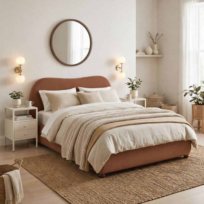 Mabelle Upholstered Ottoman Bed Frame - Bold Curved Headboard Design   , Double, Orange Fabric