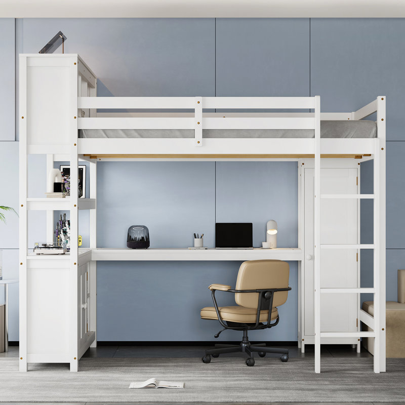Lit mezzanine blanc avec dimensions pour grand lit, bibliothèque et armoire de rangement, hauteur de tablette réglable en L
