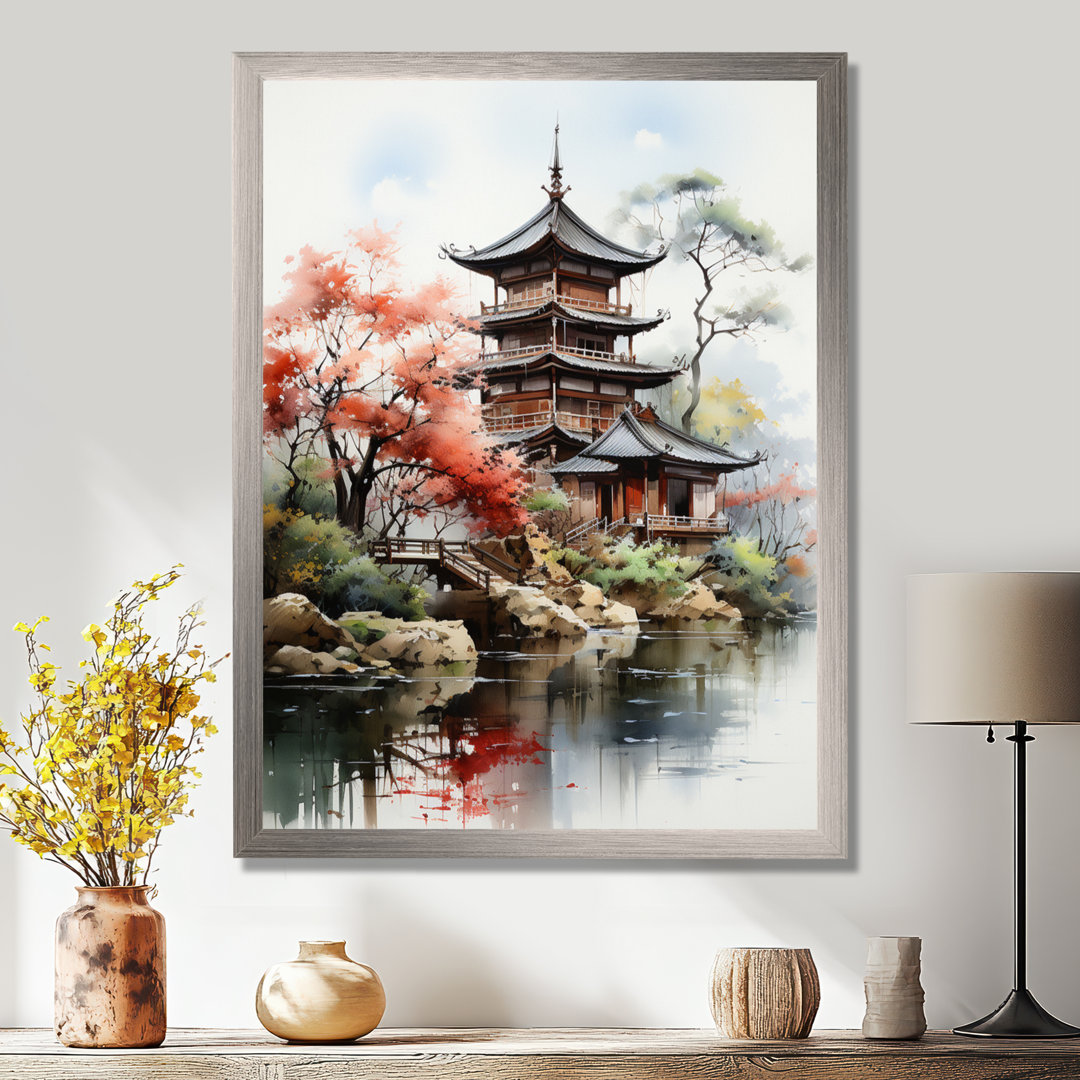 Tahshawn Asian Art Serene Pagoda IV - Asian Art Framed Canvas Print Red Barrel Studio® 