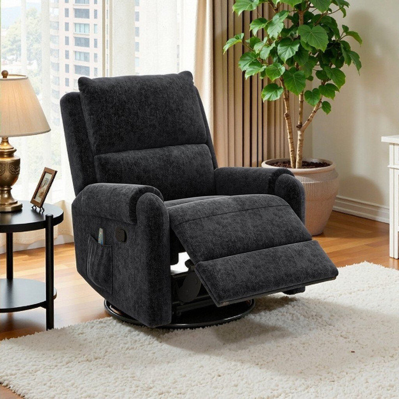 Chenille Upholstery Manual Massage Recliner Chair With Swivel Rocker Adjustable Positions Side Pocket, Black