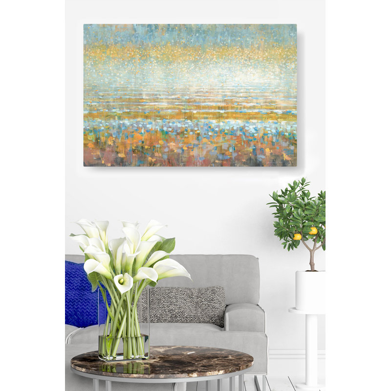 Abstact Rains Over A Lake Meadow, coloré, doré, jaune, rouge, bleu, orange, H 24 po x l 36 po x P 1,5 po