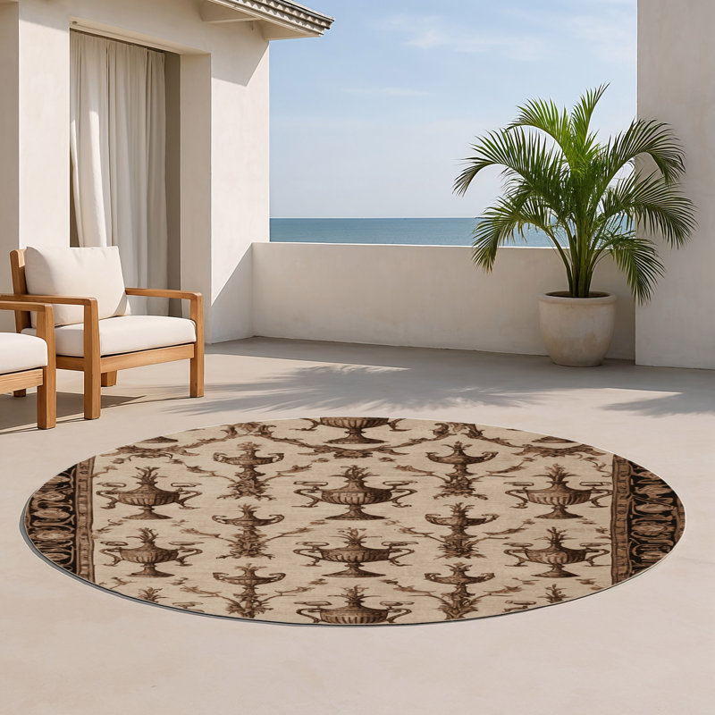 French Brown Indoor and Outdoor Area Rug, Round 5'