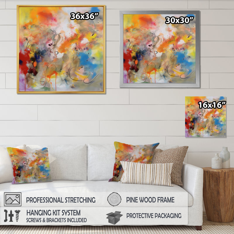 «Blue, Yellow and Orange Colorful Whirls V», reproduction sur toile, H 12 po x l 20 po, Cadre flottant doré