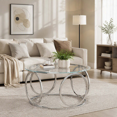 Table basse de 31,5 pouces avec plateau rond en verre et cadre en métal circulaire pour le salon, le bureau et le salon