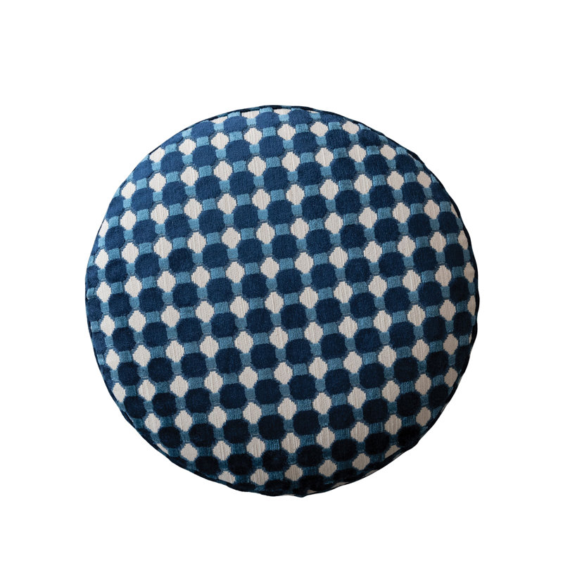 Tabouret rond rembourré en velours avec motif à pois et pieds en bois de manguier