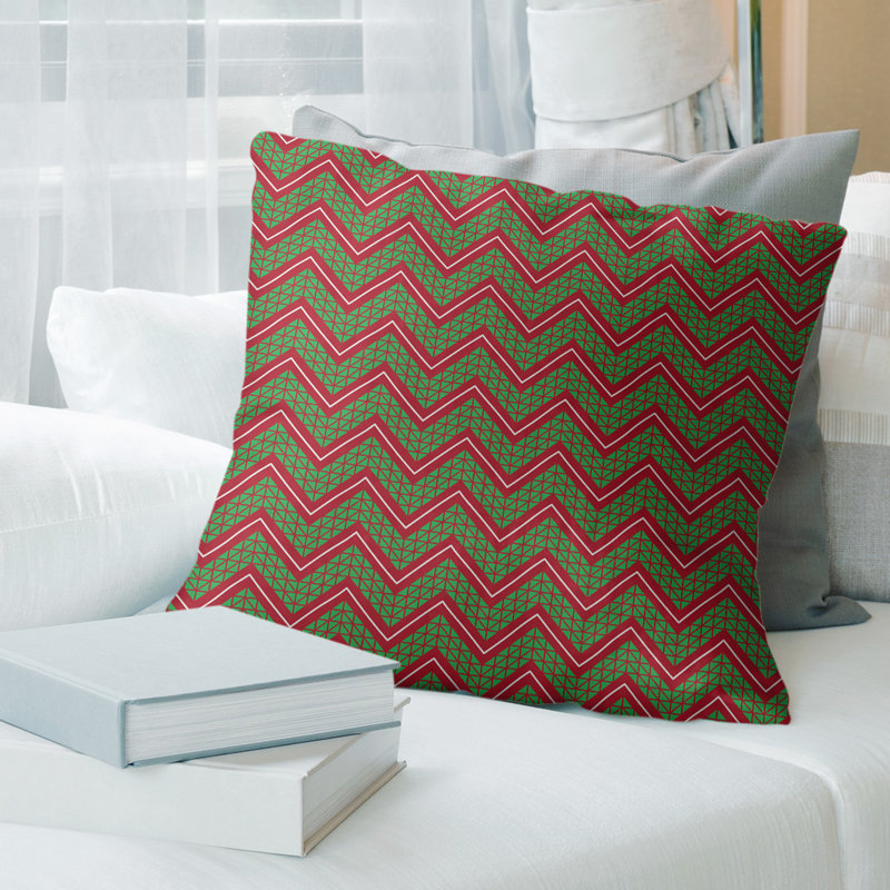 Coussin décoratif 14 po, 18 po x 18 po, Vert clair / rouge, Géométrique