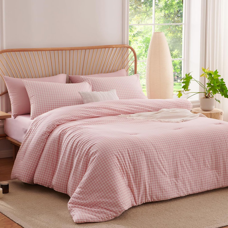 Ensemble d'édredon Gingham Ensemble d'édredon écossais de style moderne 100% microfibre lavée Boho, Rose