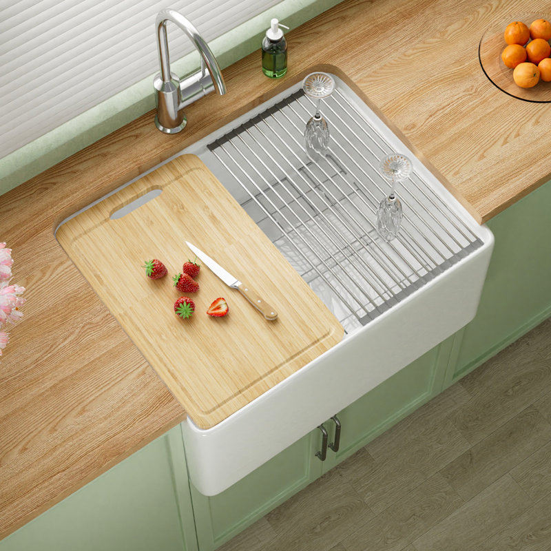 24" L x 18" W Fireclay Apron Front Farmhouse Workstation Sink for Kitchen, Single Bowl White Farm Sink, Included 4 Custom Accessories