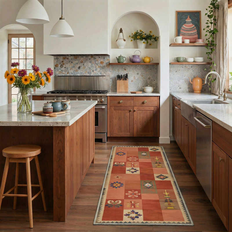 Astra Geometric Machine Washable Coral Orange / Beige Indoor Area Rug With Non-Slip Backing, Runner 2'6" x 8'