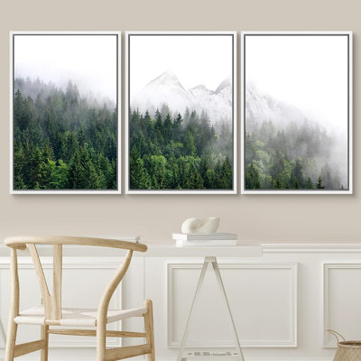 IDEA4WALL Framed Canvas Print Wall Art Set Winter Mountain Misty Forest View Nature Wilderness Photography Modern Art Rustic Landscape Relax/Calm For Living Room, Bedroom, Office - 3 Piece Floater Frame Print on Canvas