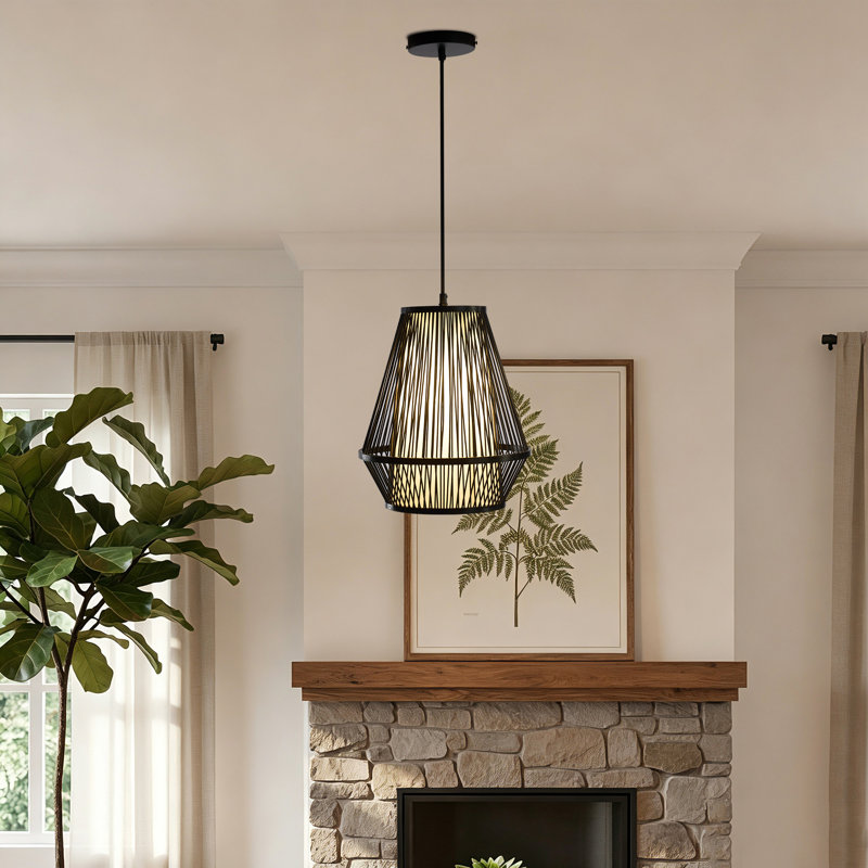 Luminaire suspendu conique en bambou tressé à la main, Noir mat