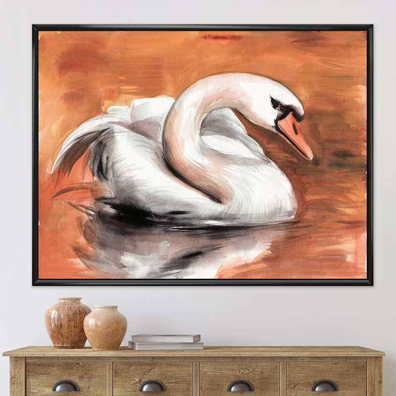 Cygne sur l'eau - reproduction sur toile, H 12 po x l 20 po x p 1 po, Toile avec cadre noir