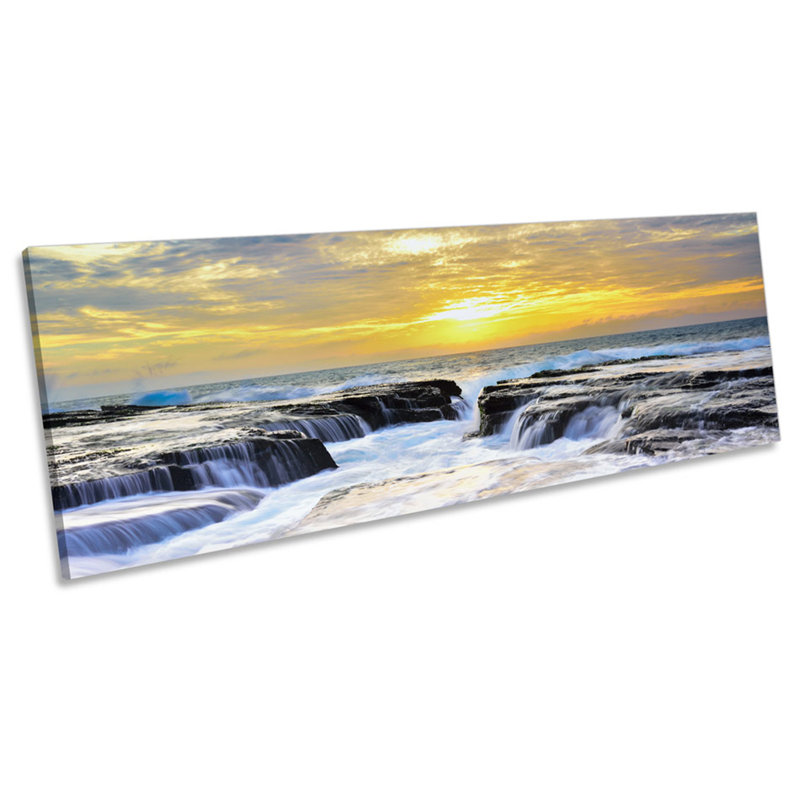 Seascape Yellow Sunset - Wrapped Canvas Panoramic Print, 30.48cm H x 91.44cm W x 2cm D