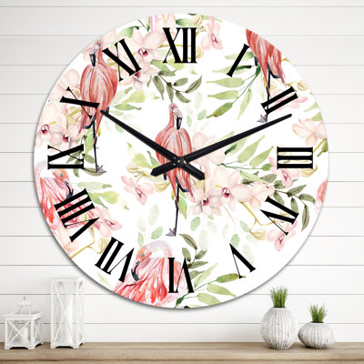Bright Pattern with Leaves Flowers Flamingo Bird - Patterned Wall Clock