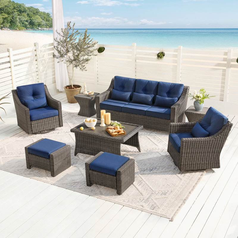 Keaisha 5 Person Outdoor Conversation Furniture Set Seating Group With Coffee Table And Cushions, Gray, Blue