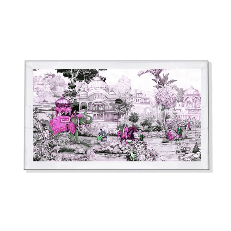 India Scene Acrylic Rectangle Decorative Tray, Verdigris Pink, 2" H x 12.5" W x 7.75" D