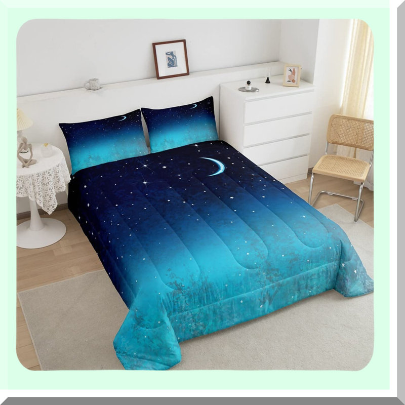 Starry Sky Dreamer Bedding Set - Full Size 3 Piece Galaxy Comforter Set with Moon and Stars Design, Soft Reversible Duvet Insert and 2 Pillow Shams in Navy Blue Gradient. Perfect for a Kawaii Aesthetic Bedroom!