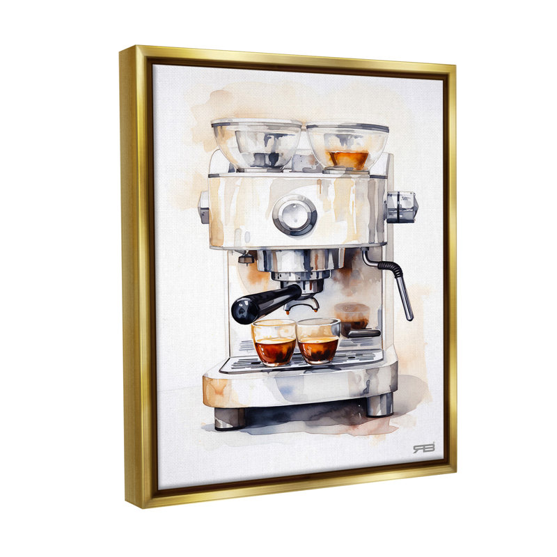 «Modern Espresso Machine Floater Frame» par RB sur toile, Cadre flottant métallique doré, 31" H x 25" W
