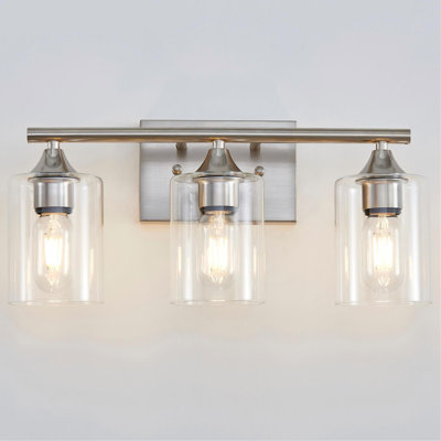 3-Light Brushed Nickel Silver Bathroom Vanity Light, Moisture-Proof Metal Wall Light with Clear Cylinder Glass Shade, Transitional Wall Lamp for Guest Bath & Entryway(No light bulb)