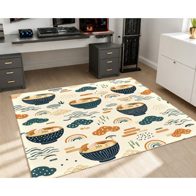Tapis abstrait Abstract Ramen Bowl, motif décoratif crème bleu orange, tapis antidérapant lavable à la machine, décoration intérieure artistique ludique pour salle à manger, salon, couloir, studio, dortoir