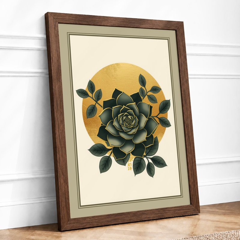 Gray Rose with Golden Circle Botanical - Framed Print, A1 - 84.1 x 59.4 cm, Walnut