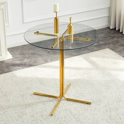 Table ronde haute en verre, table ronde, plateau en verre trempé, support robuste à quatre colonnes plaqué chrome doré