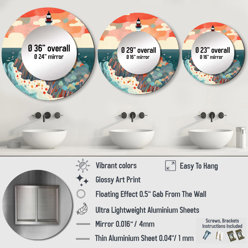 Coastal Lighthouse I - Coastal Mirror, Peach Round Unique Wall Mirror, Printed Metal Art, 23" x 23"
