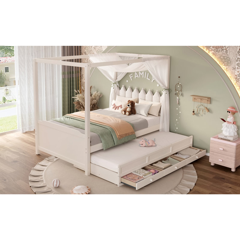 Cadre de lit à baldaquin pour enfants, rangement et assemblage facile Princess, Double, Beige