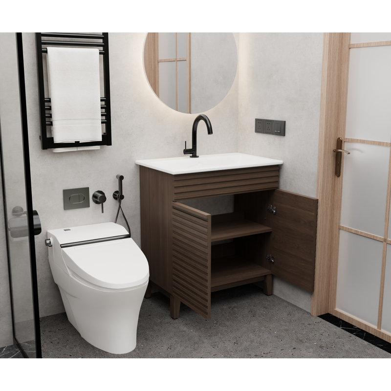 Armoire de salle de bain brune de 30 pouces avec lavabo en céramique blanche, esthétique Mid-Century, construction imperméable, finition à surface lisse et tablettes réglables