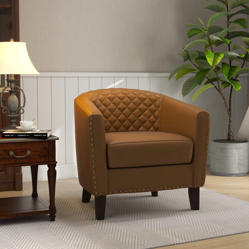 Edvardas 73.9 Cm Wide Tufted Barrel Chair, Coffee Faux Leather