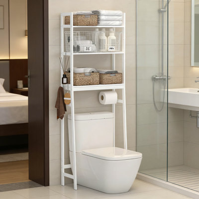 Support de rangement autoportant au-dessus de la toilette, étagère de rangement de salle de bain à 3 niveaux avec crochets, armoire de rangement pour papier hygiénique, serviettes et articles de toilette