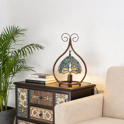 16.5'' H Tiffany-Style Stained Glass Dragonfly Bank Lamp