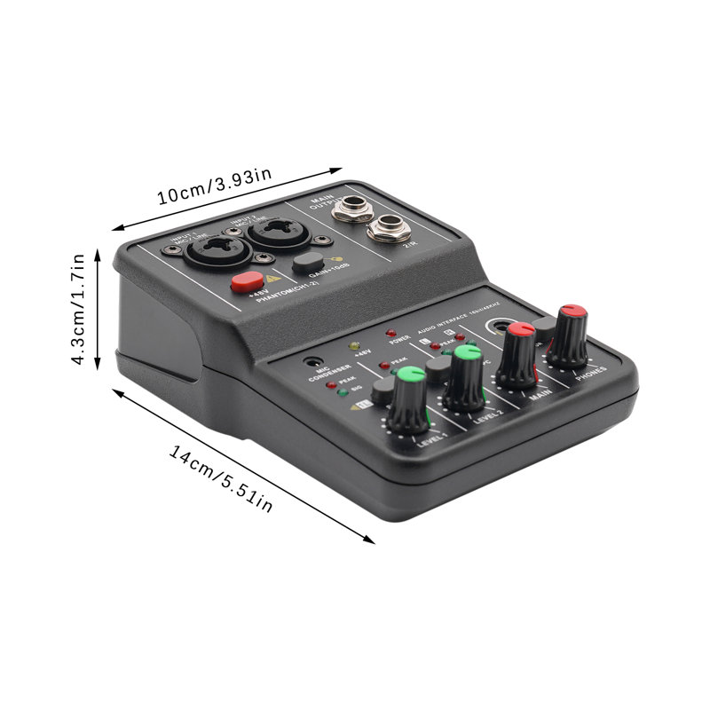 Portable 2 Channel Audio Mixer with 48V Phantom Power