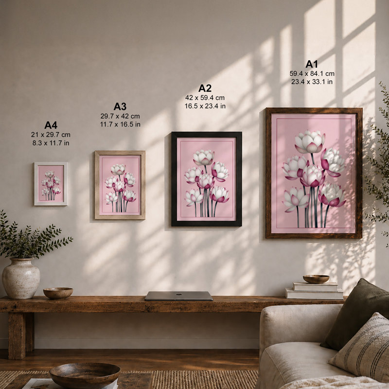 Lotus Blooms Botanical - Framed Print, Unframed, A4 - 29.7 x 21.0 cm