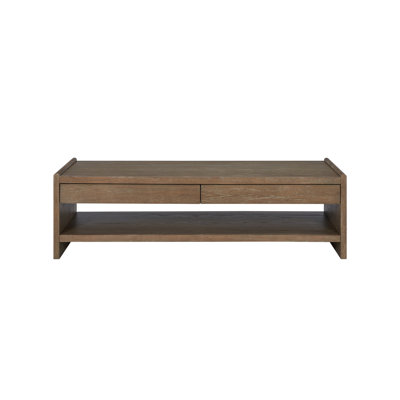 Table basse à 2 tiroirs à dessus en bois avec tiroirs à fermeture en douceur offrant une performance de quincaillerie à long terme, deux pour rangement à distance et sous-verre, tablettes de rangement pleine longueur, finition patinée