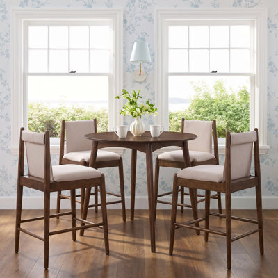 Merton 4-Person Mid-Century Modern Rubberwood Counter Height Dining Set with Upholstered Stools and Round Wood Veneer Table
