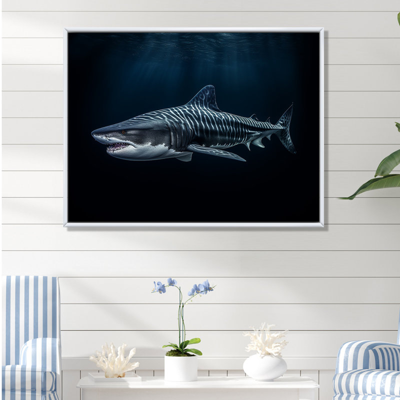 «Tiger Shark Territory II» sur toile, Cadre flottant blanc, H 16 po x l 32 po x P 1 po