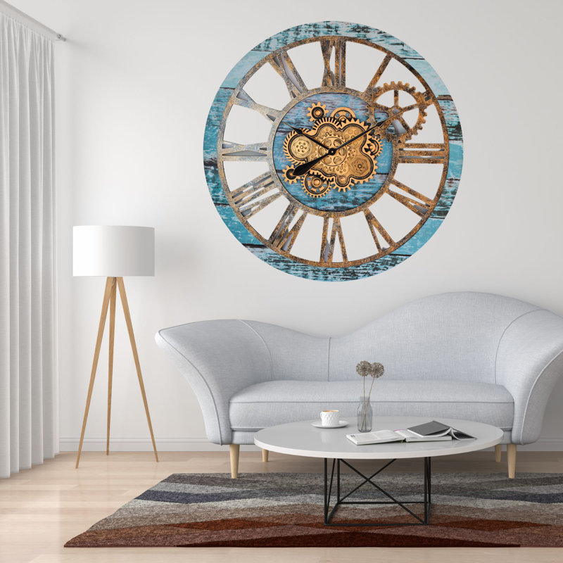 Wall Clock 36" Round Oversized for Living Room decor with Real Moving Gears America Collection, Aqua Green