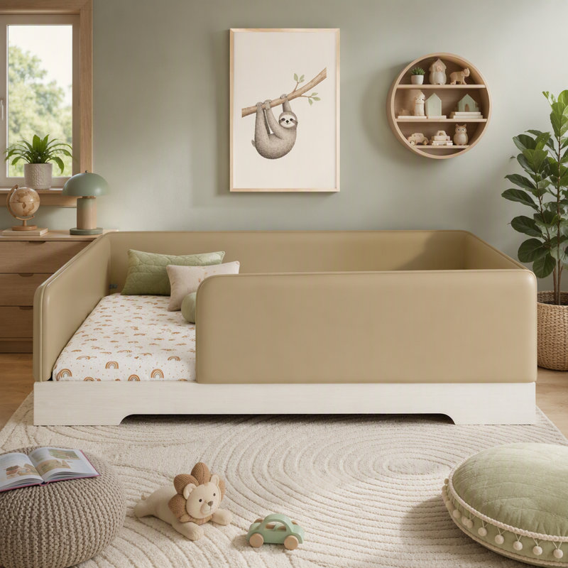Twin Size Faux Leather Upholstered Montessori Floor Bed with Removable Guardrails for Kids, Low Profile and Safe Design