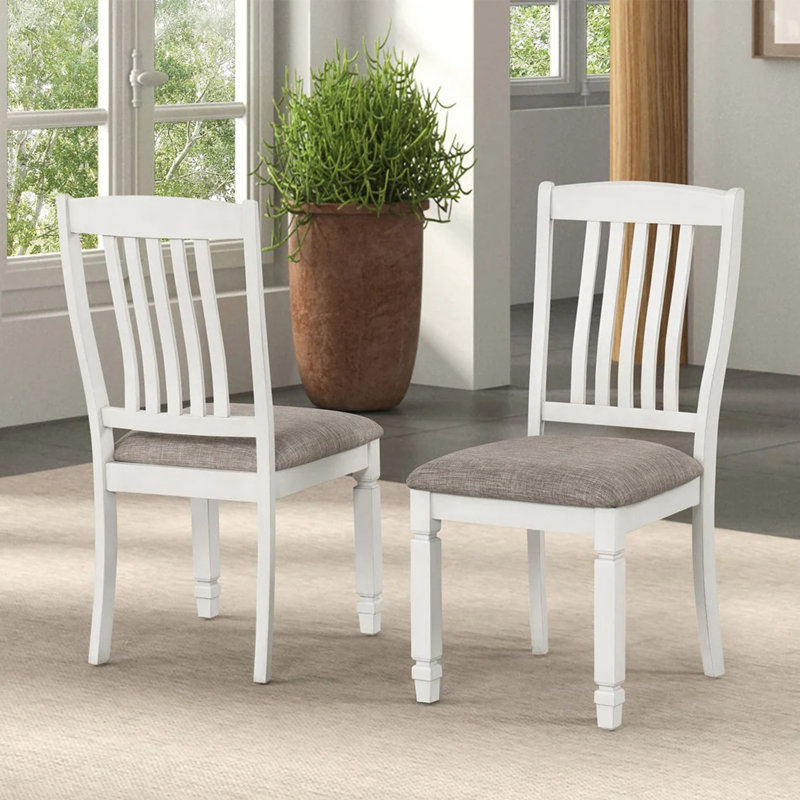 Set Of 2 Upholstered Dining Chair With Slat Back In Rustic White