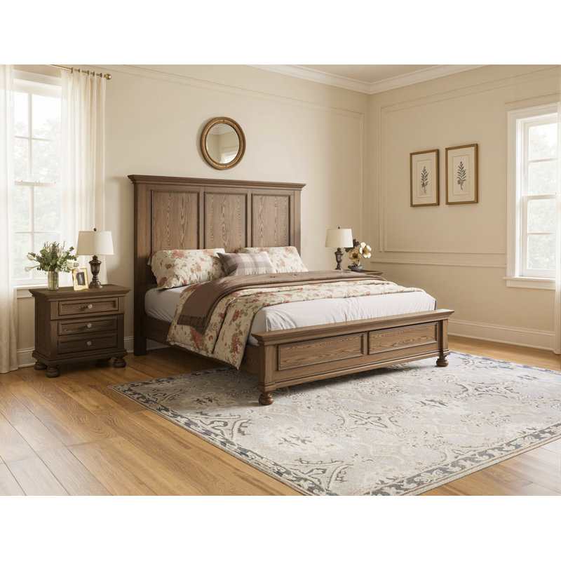 Ensemble de chambre à coucher classique en bois massif 3 pièces, comprenant un très grand lit de 65 po et deux tables de chevet, brun clair