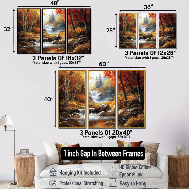 Ensemble de décorations murales Orange Autumn Mountain Waterfall Long View II - Waterfall, H 28 po x l 36 po x P 1 po