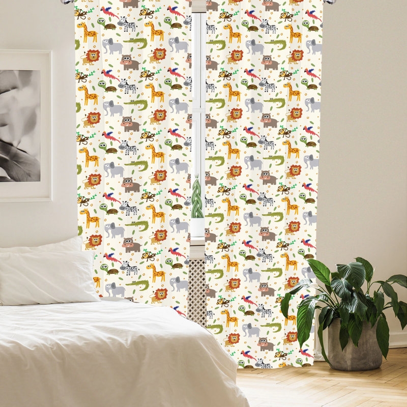 Multicolor Cartoon Animal Print Polyester Rod Pocket Curtain Panels