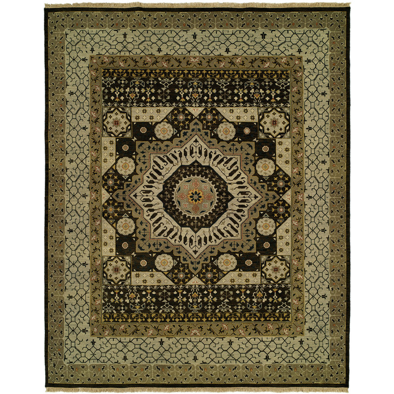 Martinton Wool Oriental Area Rug in Olive Green/Black/Ivory, Rectangle 12' x 18'