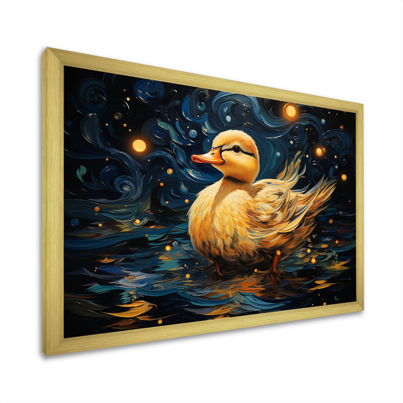 «Yellow Duck Starry Night Wonders», art mural animal canard, Cadre d'angle fermé doré, H 24 po x l 32 po x P 1 po