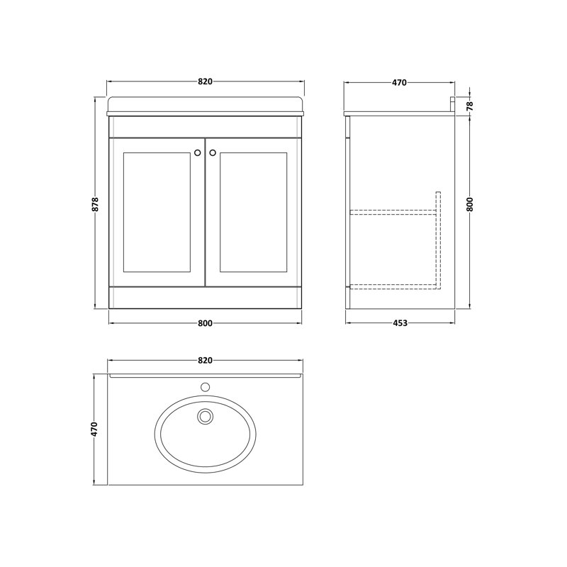 Classique 820mm Single Bathroom Vanity with Drop In Vitreous China Basin, Black, Satin Anthracite