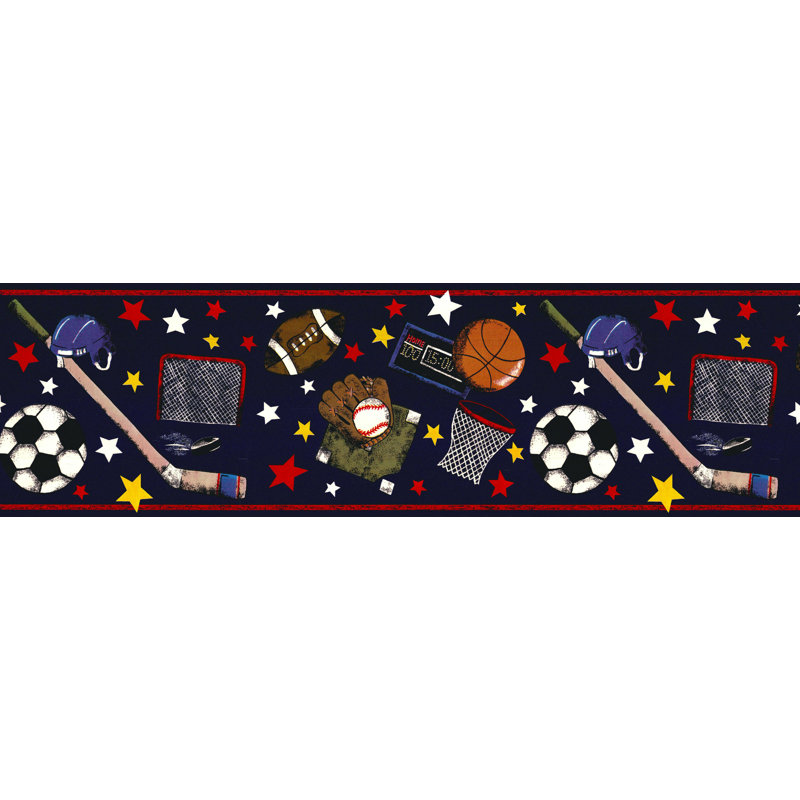 Bordure de papier peint non encollée - rouge sportif, noir, blanc, bleu marine, étoiles, casque, bordure murale chauve-souris, conception rétro, 15 pi X 9 po