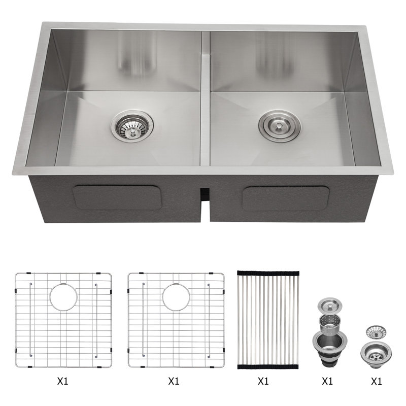Évier de cuisine à double cuve (50/50) encastré à double cuve de 36 po x 19 po de calibre 16 avec deux cuves profondes de 10 po